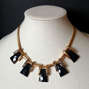 Vintage 1980s Necklace Black Beveled Onyxlike Diamanté Pendants Gold Snake Chain